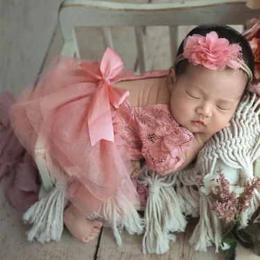 Ylsteed Purple Dusty Pink Newborn Lace Photography Outfits Big Bow Mesh Romper with Hairband Baby Girl Photography Clothes 4