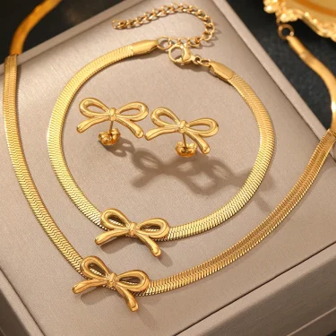 Stainless Steel Jewelry Set Blade Chain Bow Design Bracelet Necklace Earrings 3 Piece Jewelry Set For Women Jewelry Party Gifts 3