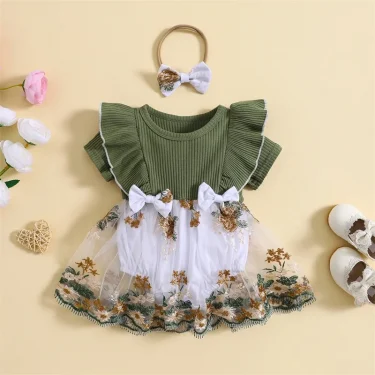 Infant Newborn Baby Girl Romper Dress Flower Embroidery Knit Rib Ruffles Crew Neck Jumpsuit Summer Bodysuit Bow Headband 1
