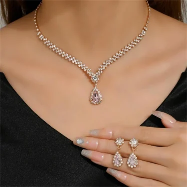 Luxurious Crystal Necklace Earrings Set Water Drop Pendant Clavicle Chain Party Jewelry Accessories for Women Wedding Bride 4