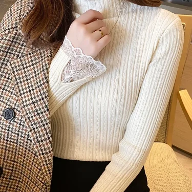 Lace Solid Basic Knitted Women Tops Turtlneck Sweater Long Sleeve Slim Casual Pullover Korean Fashion Simple Chic Clothes 4