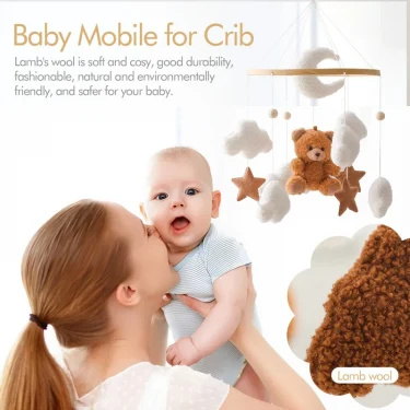 Wooden Crib Mobile Baby Bed Bell Rattle Toy Soft Felt Cartoon Bear Mobile Hanging Newborn Music Box Bed Bell Hanging Bracket Toy 5