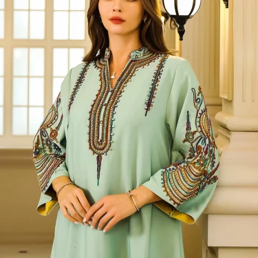 Siskakia Dresses With Long Sleeves Embroideried Beading Muslim Dubai Woman’s Abayas Casual Fashion Loose Luxurious Evening Dress 7
