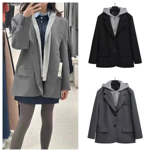 European and American style hot girl retro autumn new women's hooded suit jacket female fashion trend fake two-piece versatile c 1