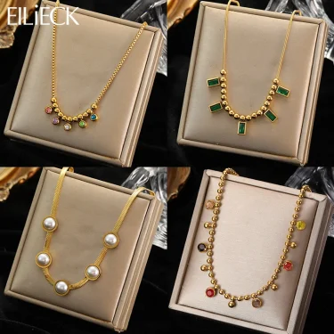 EILIECK 316L Stainless Steel Colorful Zircon Pearl Pendant Necklace For Women Girl Fashion Waterproof Neck Chain Jewelry Gift 1