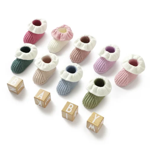 Newborn Baby Shoes Knitted Infant Boy Girl Footwear 0-18M Fashion Patchwork Ruffles Children Bed Walk Boots Warm Shallow Autumn 1