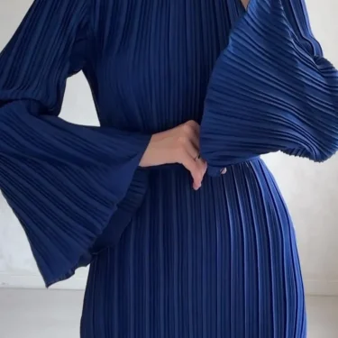LANMREM Elegant Pleated Dress Women Round Neck Belt Gathered Waist Solid Color Long Dresses Party Spring New 32C330 5