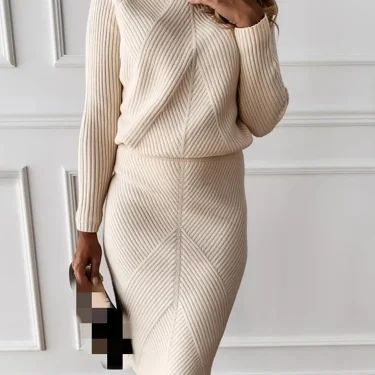 TYHUR Autumn Women's Knitting Costume Turtleneck Solid Color Pullover Sweater + Slim Skirt Two-Piece Set 1