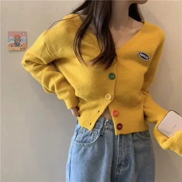 Cardigan for Women Long Sleeve Knitted Sweaters Sweater Cropped Crochet Kawaii V Neck Cardigans Woman Black Tops Cute 2024 Trend 4