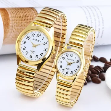 1PCs Classic Vintage Business Women Men Elastic Gold Sliver Quartz Watch Tide Lovers Couple Bracelet Watches Party Office Gifts 4