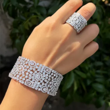 CWWZircons Luxury Chunky Cubic Zirconia Inlay Wide Big Open Cuff Bangle and Ring Dubai Wedding Bridal Party Jewelry Sets T749 4