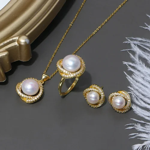 New Inlaid zircon Pearl Necklace Ring Earrings Three-piece Set for Women Stylish Daily Accessories Party Jewelry Birthday Gifts 1