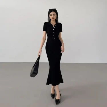 OCEANLOVE Mermaid Ruffles Dresses for Women Knitted Solid Single Breasted Sexy Vestidos Mujer Fashion Spring Summer Long Dress 4