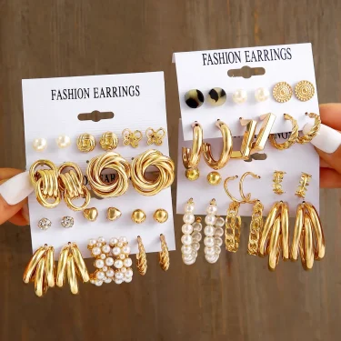 Boho Gold Color Pearl Earrings Set for Women Fashion Vintage Chunky Heart Zircon Geometric Studs Earrings Simple Jewelry Gifts 1