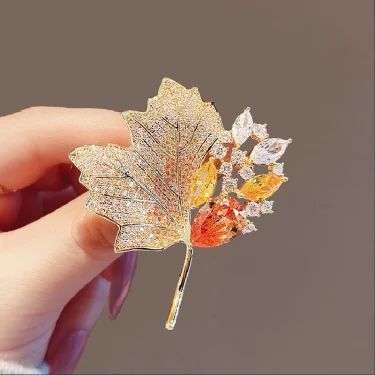 Rinhoo Full Zircon Double Red Plant Leaves Maple Brooches For Women Crystal Leaf Buckle Pins Badge Party Jewelry Gift 3