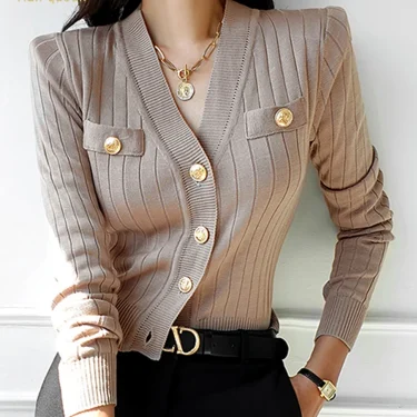 H Han Queen Korean Chic V-Neck Knitted Cardigan Sweater For Women Casual Basic Long Sleeve Cardigans Autumn Vintage Sweaters Top 2