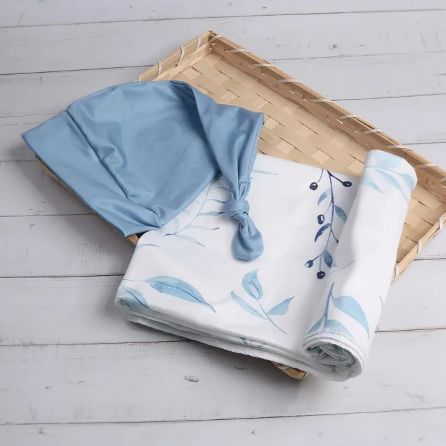 Ylsteed Newborn Photography Wrap with Matching Hat Leaves Printed Stretch Swaddle Infant Photo Shooting Outfits 2