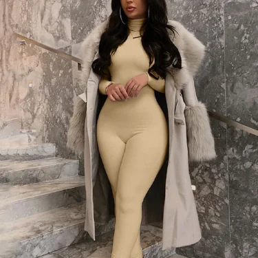 Hugcitar 2024 Fall Long Sleeve Solid Turtleneck Sexy Skinny Bodycon Jumpsuit Women Fashion Streetwear Casual Romper Overalls 6