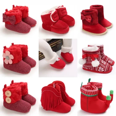 VANLEN SINA Winter Baby Warm Red Boots - Fluffy Flock Snow Slip On Shoes for Girls Toddler 0-18 Months 1