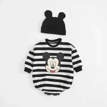 Striped Bodysuit +Knitted Hat Newborn Clothes New Cartoon Print Long Sleeve Jumpsuits Baby Cute Fashion Triangle Pants Rompers 5