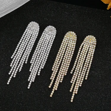 FYUAN Fashion Long Tassel Drop Earrings for Women Black Gold Silver Color Rhinestone Dangle Earring Wedding Party Jewelry 2