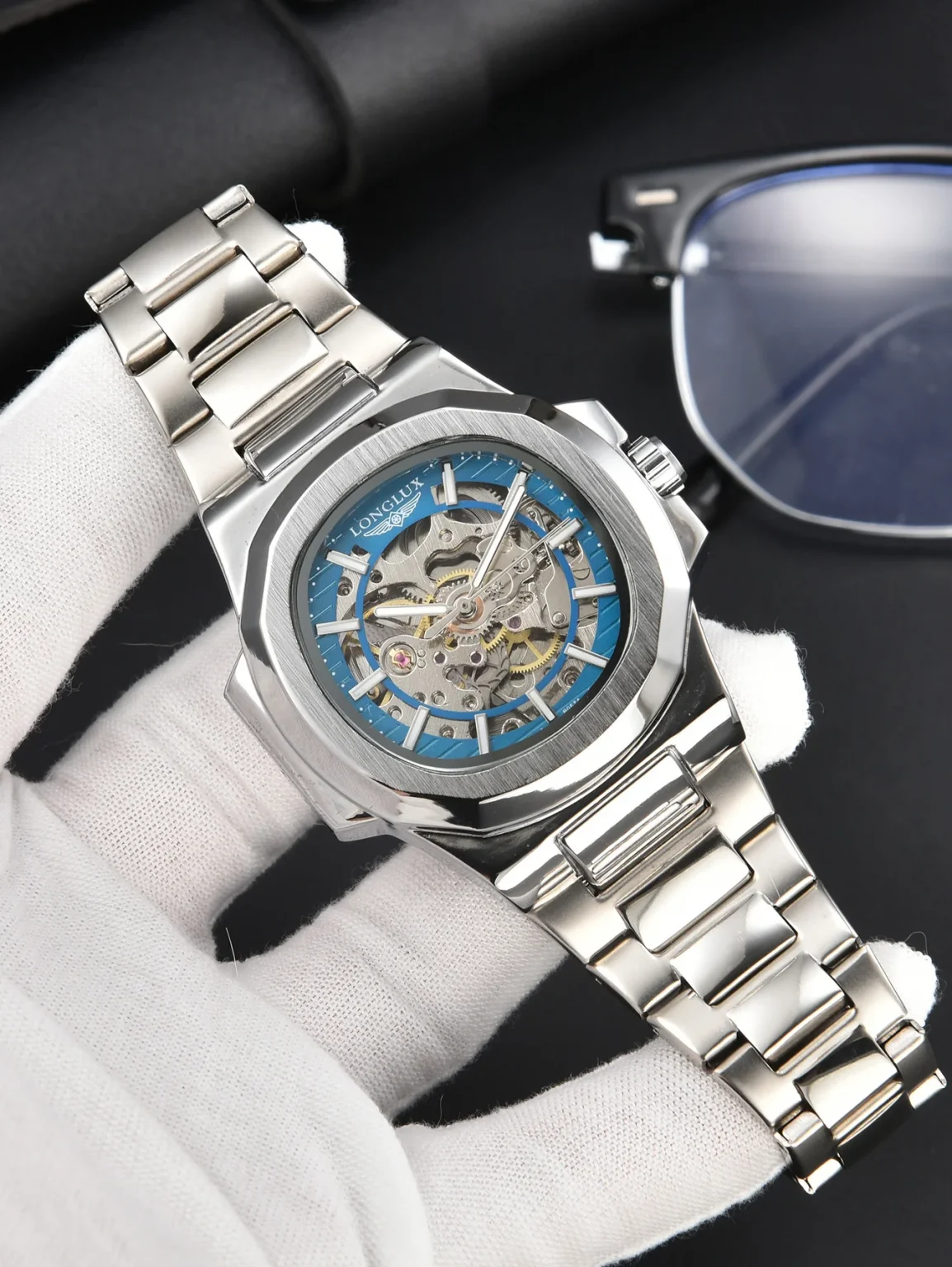 LONGLUX automatic man watch luxury mechanical wristwatches stainless steel skeleton waterproof mens watch men gift 3