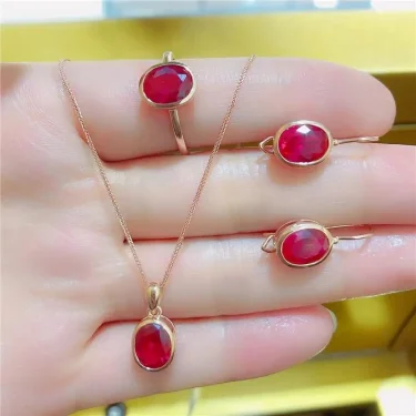 585 Purple Gold Simple Ruby Ladies Jewelry Set 14K Rose Gold Inlaid Oval Ring Earring Necklace Classic Glamour Party Jewelry 5