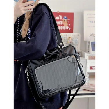 Japanese Style Kawaii PU Leather Itabag Women Transparent Pocket Bowknot Lolita Shoulder Bag Tote Handbags Women Ita Bag JK Girl 5