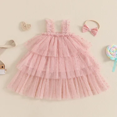Toddler Baby Girl Mesh Sweet Dress Heart Print Sleeveless A-Line Tulle Cake Dress with Bow Headband Princess Dress 1