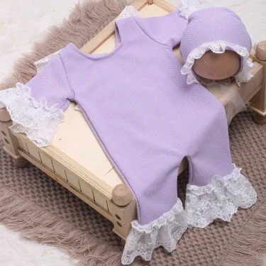 Ylsteed Newborn Girl Lace Jumpsuit Hat Set Violet Infant Picture Outfits Baby Photo Props Baby PhotoShoot Props 4