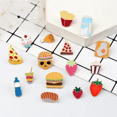 Enamel Pins Cartoon Food Brooch for Women Gift Jackets Lapel Denim Badge Egg Hamburger Fries Strawberry Cake Kids Favorite Pin 2