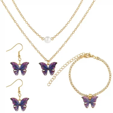 3pcs Butterfly Pendant Necklace, Earrings and Bracelet Combination Set, Suitable for Women to Wear at Parties 5