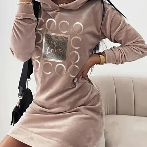 Women Long Sweater Dresses LOVE Print Hooded Loose High Collar Sweatshirts Long Sleeve Pullover Fall Winter Y2K Street Style Top 1