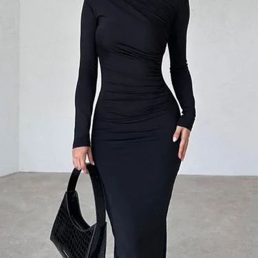 Women Elegant Solid Black Bodycon Maxi Dress Long Sleeve Lady O-neck Evening Party Vestidos Robe 1