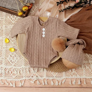 Ylsteed 2 Pieces Set Newborn Photo Shooting Clothes Knitting Baby Boy Jumpsuit with Pompom Hat Infant Photography Props 6