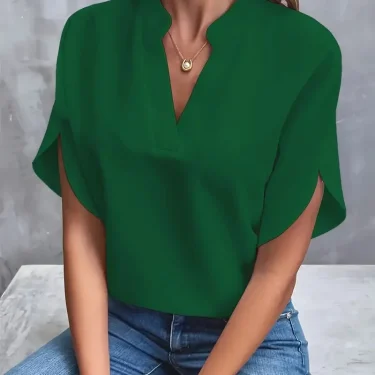 Summer Elegant Women's Blouse New V-neck Short Sleeve Solid Color Loose Shirt Casual White Tops Office Lady Blouses 5