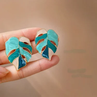 925 Silver Needle Modern Jewelry Exaggerated Leaves Earrings 2021 New Trend Popular Green White Geometric Earring For Women Gift 1