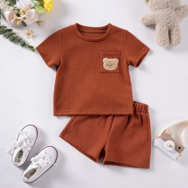 Baby Boy Summer Short Sleeve Suit Waffle Short Sleeve Shorts Two Piece Bear Pocket Casual Set 0-4Y Boy Clothes 2