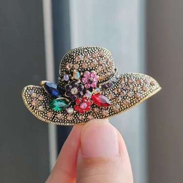 Vintage Alloy Rhinestone Flower Sun Hat Brooches For Women Trendy Versatile Clothing Pins Holiday Jewelry Accessories Gift 1