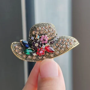 Vintage Alloy Rhinestone Flower Sun Hat Brooches For Women Trendy Versatile Clothing Pins Holiday Jewelry Accessories Gift 1