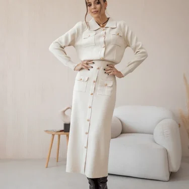 Elegant Knit Blazer Skirt Set Women Black White Brown 2 Piece Matching Set Autumn Winter Vintage Knitted Two Piece Women Sets 2