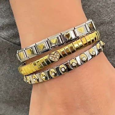 AENSOA Vintage Elasticity Stainless Steel Bangles Bracelet for Women Classic Heart Square Adjustable Wristband Waterproof Bangle 4