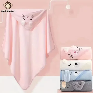 Newborn Baby Hooded Cloak Bath Towel Blanket Cartoon Solid Color Coral Velvet 0-4 Years 1