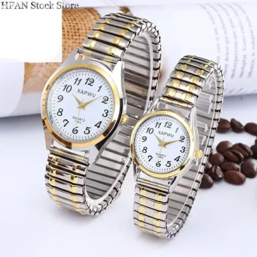 1PCs Classic Vintage Business Women Men Elastic Gold Sliver Quartz Watch Tide Lovers Couple Bracelet Watches Party Office Gifts 1