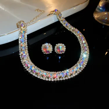 FYUAN Luxury Crystal Necklace Earrings Set Pink ABcolourful Necklace for Women Weddings Party Jewelry Sets Accessories 1