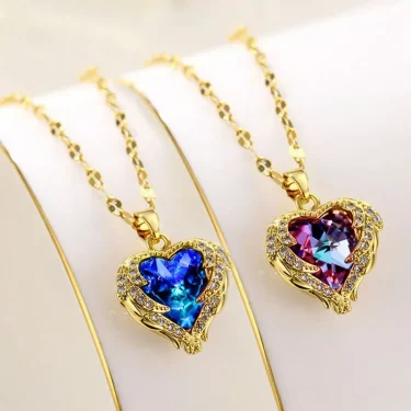 Luxury Colorful Crystal Ocean Heart Pendant Necklace For Women Korean Fashion Stainless Steel Neck Chain Female Wedding Jewelry 1