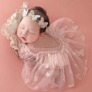 Ylsteed Newborn Girl Photoshoot Outfits Baby Girl Mesh Dress Romper with Headband One Hundred Days Infant Picture Outfits Props 1