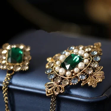Baroque British Style Rhinestone Brooch Pins Emerald Tassel Chain Pearl Brooch Collar Shirt Pin Accessories for Women 3