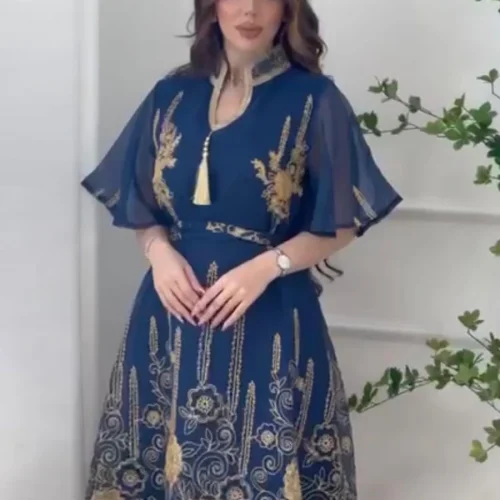 Siskakia Eid Al-Adha Fashion Dress Ethnic Embroidery Tassel Patchwork Ruffles Sleeve Round Neck Casual Clothing For Muslim Women 1