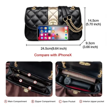 FOXER Women Crossbody Bag Diamond Lattice Handbag Lady Armpit Shoulder Bag Girl's Split Leather Chain Strap Black Messenger Bags 3